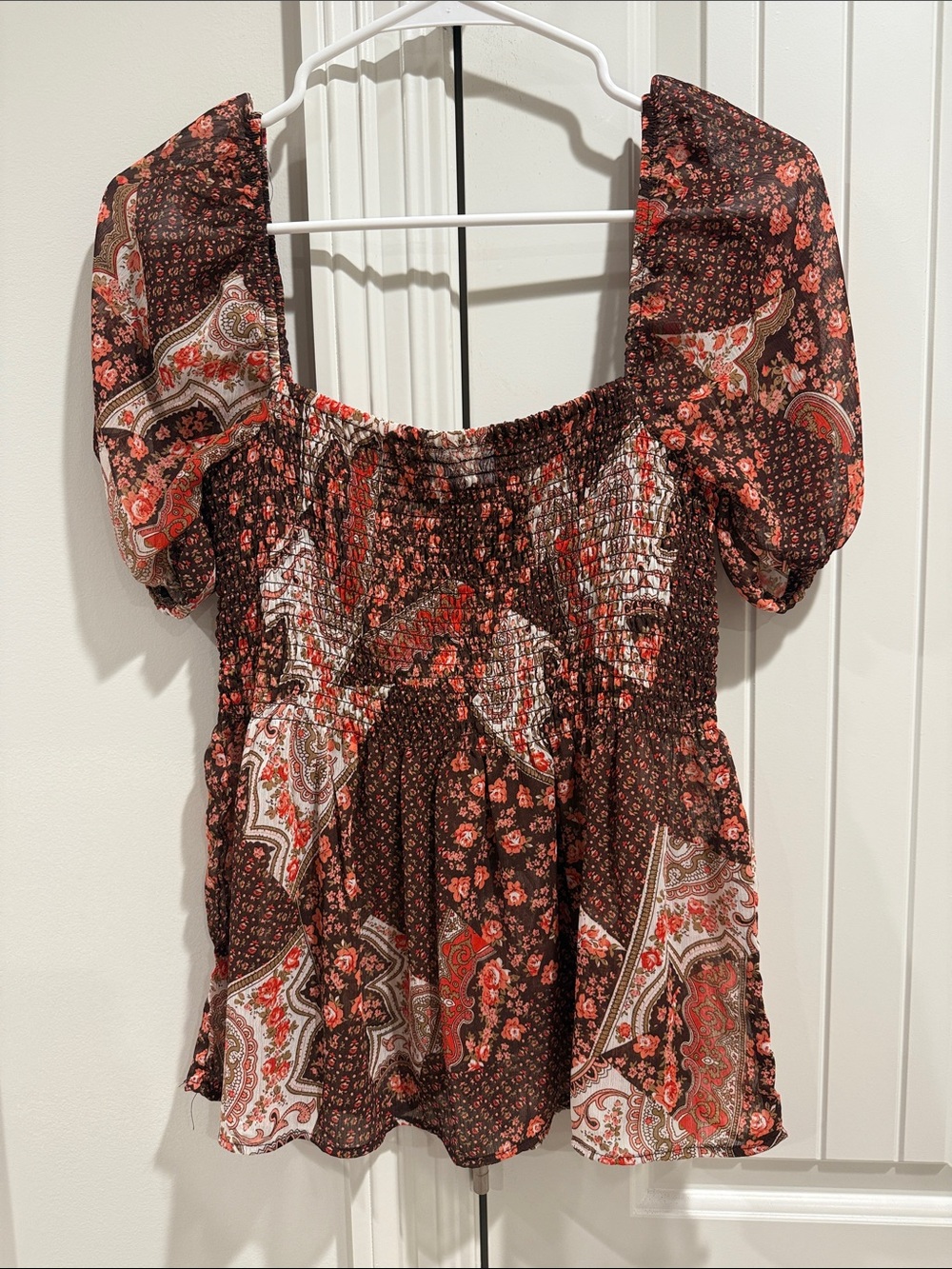 Smocked Square-Neck Peasant Top in Brown Floral